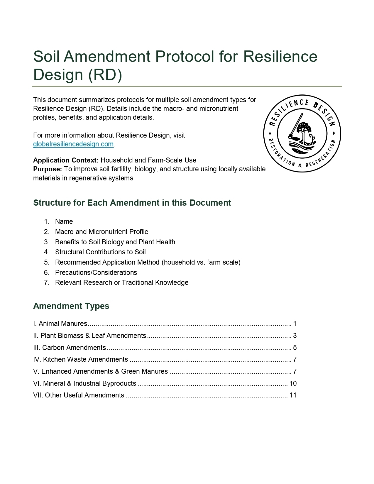 This document summarizes protocols for multiple soil amendment types for Resilience Design (RD). Details include the macro- and micronutrient profiles, benefits, and application details. 
